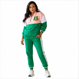 <b>Women's</b> Color Blocked Tracksuit Set Green Pink <b>White</b> Sporty Full Sleeve Knitted Polyester Cotton 2 Piece Regular Fit All Seasons - Product Image 3