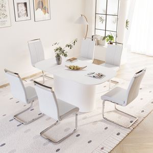 Set di 6 Sedie Senza Braccioli in Stile Moderno Medievale, in MDF e PU, Colore Crema, 63 Pollici Set da Pranzo in Metallo Placcato Argento da Assemblare per Sala da Pranzo - Product Image 3