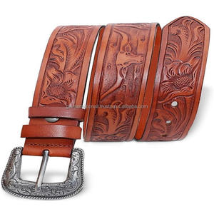 Cinturón de herramientas de cuero de vaca genuino de grano completo para hombres y mujeres con botón a presión ajustable Conjunto de hebilla de diseño floral - Product Image 1