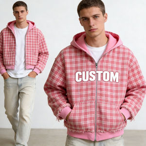 Sweat à capuche zippé pour homme en tissu à carreaux rose avec bordure à franges et impression de lettres personnalisée, style oversize décontracté streetwear pour le quotidien - Product Image 1