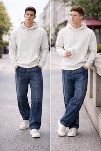 Jean en denim pour homme, style moderne, écologique, résistant à la décoloration, coupe ample à jambe large, taille mi-haute, en coton délavé, style décontracté - Product Image 6