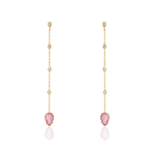 Hot Selling Products New Design 14K Yellow Gold Carving Leaf Shape Pink Tourmaline & <b>Diamond</b> Long <b>Dangle</b> <b>Earrings</b> Dainty Jewelry - Product Image 1