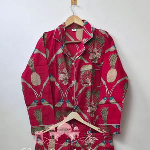 Luxury Maroon Cotton Pajama Set for Women Elegant Floral Pineapple Flock Print Summer Nightwear with Elastic Waist - Product Image 1