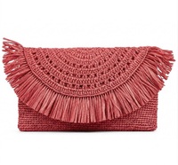 Tas Amplop Rajut Raffia Teal dengan Rumbai Gaya Bohemian Ramah Lingkungan Tahan Lama Dapat Disesuaikan untuk Penggunaan Malam Hari.