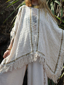 Handwoven Cream Cotton <b>Poncho</b> Kaftan Top with Olive Green Geometric Embroidery & Distressed Fringe Trim - Product Image 4