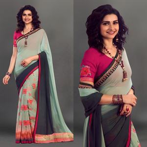 Meilleur prix Saree imprimé Georgette rose traditionnel pour femmes avec chemisier décousu pour fête en Inde - Product Image 1