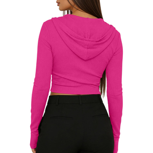 Top Corto con Capucha y Cierre de Cremallera para Mujer, Color Rosa, Tejido de Punto, Manga Larga, Color Sólido, Transpirable, Ropa de Otoño, OEM ODM - Product Image 2