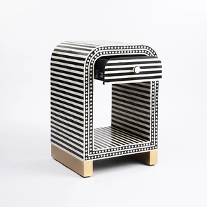 Modern Black White Striped <b>Side</b> Table With <b>Drawer</b> And Open Shelf Living Room Furniture Contemporary Design Gold Legs - Product Image 6