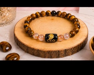 Rehmat Agate Natural Tiger Eye Crackle <b>Crystal</b> Ball Shape Leo Zodiac Charm <b>Beaded</b> Handmade Stretch Gemstone <b>Bracelet</b> - Product Image 1