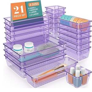 Modular Plastic Storage Bins for <b>Makeup</b> Jewelry Vanity and Office Organization 21 Piece Purple Acrylic Drawer Organizer Set - Product Image 1