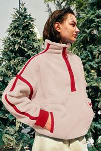 Sudadera con capucha para mujer, oversize, beige, con paneles en contraste, media cremallera, de forro polar, manga larga, estilo casual urbano, corte holgado, estampado personalizado - Product Image 4