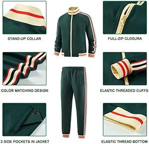 Ensemble de survêtement unisexe vert foncé 2026 à manches longues avec fermeture éclair, col montant, style sportif, pantalon de jogging rayé, coupe régulière pour adultes, collection automne - Product Image 3