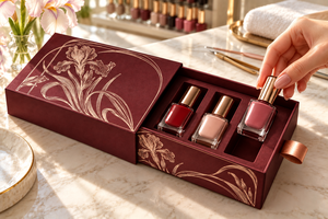 Emballage personnalisé en boîte à tiroir bordeaux pour trois flacons de vernis à ongles - Product Image 5