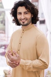 Men's Beige Cotton Kurta Long Sleeve Solid Color Regular Fit Casual Daily Wear <b>Ankle</b> Length Shirt Collar India Pakistan Style - Product Image 4