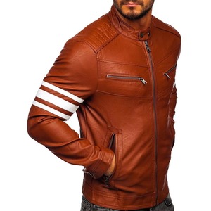 Blouson moto homme en cuir véritable marron respirant avec manches rayées blanches, col rabattable, fermeture éclair, coupe ajustée, hiver - Product Image 1
