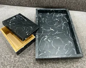 Caja de bandeja de resina rectangular Premium, bandeja decorativa de madera con incrustaciones de hueso hechas a mano para Hotel, restaurante, cocina y uso diario - Product Image 1