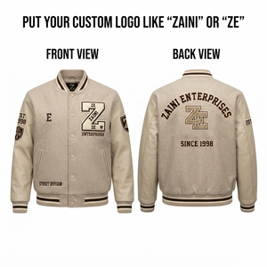 ZAINI Men Varsity <b>Jacket</b> ZE-143 500 GSM Wool Blend Body PU Leather Sleeves Beige Brown Custom Chenille Embroidery <b>Patch</b> - Product Image 1