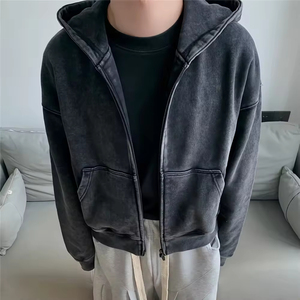 Sweat à capuche zippé vintage en molleton de coton épais 500 GSM, lavage enzymatique, délavé à l'acide, personnalisé, pour homme, style streetwear, OEM, économique, pour l'hiver - Product Image 2