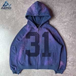 OEM ODM Service Custom <b>Mens</b> Vintage Washed Zip Up Hoodies Graphic Number Print Acid <b>Wash</b> Fleece Hooded Jacket - Product Image 5