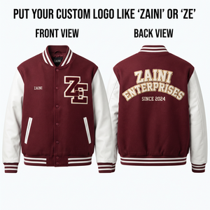 Chaqueta Varsity Premium de 500 GSM con Mezcla de Lana, Resistente al Viento, Cuello Alto, Color Borgoña con Mangas Blancas, Logotipo Chenille Personalizado, Estilo Urbano Unisex - Product Image 1