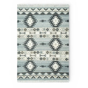 Alfombra Kilim de Lana Hecha a Mano, Azul Gris Marfil Abstracto |   Alfombra Ecológica de Tejido Plano para Sala de Estar y Hotel - Product Image 1