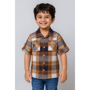 Chemise en coton décontractée pour garçons, imprimé à carreaux marron, marine et blanc - Product Image 5
