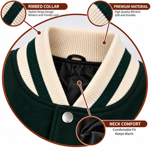 Chaqueta Varsity para Hombre en Verde y Marrón con Mangas de Cuero, Botones a Presión, Estilo Béisbol, Clásica Universitaria - Product Image 3