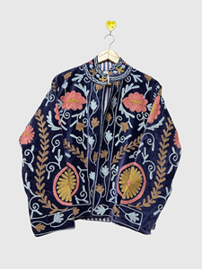 Veste en velours brodée de fleurs, col mandarin, manches longues, grande taille, vêtements d'automne pour femmes, style bohème - Product Image 1