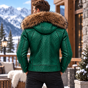 Men's Exotic Leather Python <b>Biker</b> <b>Jacket</b> with Fox Fur Hood Premium Winter Motorcycle <b>Jacket</b> | Herren Lederjacke <b>Biker</b> - Product Image 2