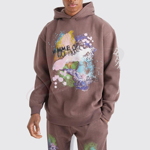 Conjunto Deportivo para Hombre con Capucha, Estampado Abstracto Pintado a Mano, Manga Larga, Corte Holgado, 100% Algodón, Estilo Urbano, Color Marrón - Product Image 3