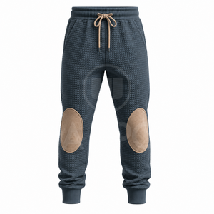 Men's Dark Gray Quilted <b>Joggers</b> With Tan Knee Patches Drawstring Waist Casual Autumn Wear Full Length Solid Color Pants - Product Image 4