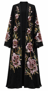 Abaya en velours noir brodée de fleurs, cardigan pour femmes, robe longue musulmane, robe de soirée avec bordure en dentelle - Product Image 1