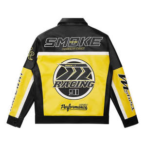 Chaqueta Deportiva Negra y Amarilla para Mujer, de Cuero Genuino, con Cierre, Estampado Gráfico Grand Prix 91, Cuello Camisero - Product Image 2