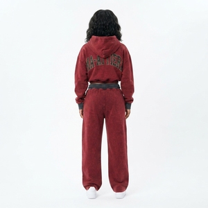 Custom Women Acid Wash <b>Burgundy</b> Cropped Hoodie Wide Leg Jogger Set Cotton Fleece Streetwear OEM Wholesale - Product Image 2