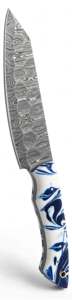 Couteau de chef utilitaire à lame fixe en acier Damas fait main avec manche en résine bleu et blanc - Product Image 4