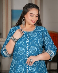 <b>Plus</b> <b>Size</b> Cotton Anarkali Kurti Blue Women's Bandhej Printed Round Neck Three Quarter Sleeves Comfortable Daily Wear - Product Image 3