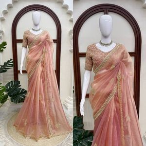 Sari en soie Salsa de qualité supérieure avec broderies de perles et de perles de verre lourdes, et chemisier brodé non cousu, prix de gros par Royal Export - Product Image 4