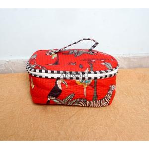 Red beautiful 3-Piece Large Capacity Hand Block Printed Cotton Vanity Set Zipper Washable Bag Durable Reusable Travel for Bags - Product Image 2