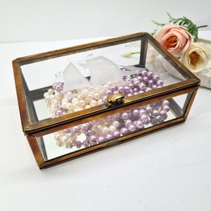 glass jewelry box 3 compartment gold brass frame hinged lid trinket holder keepsake display <b>ring</b> earring <b>storage</b> mirrored bottom - Product Image 6