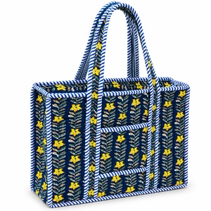 Bohemian Fashion Panelled Cotton Canvas Women's Shoulder Tote <b>Bag</b> <b>Navy</b> Yellow Floral Print Blue White Stripe Trim Zipper - Product Image 1