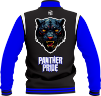 Jaket Varsity Panther Pride Musim Dingin Biru Merah Lengan Panjang Kancing Depan Bordir Pola Solid Unisex Dewasa Regular Fit