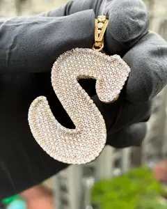 Pendentif lettre S en moissanite, style hip-hop, personnalisable, alphabet brillant, plaqué or ou argent, bijoux pour homme - Product Image 3