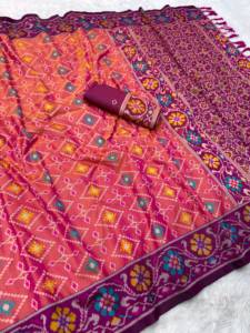 Leranath Fashion Traditional Indian Wedding <b>Saree</b> <b>Women</b> Patola Printed Polyester Purple Border Tassels Floor Length Regular Fit - Product Image 6