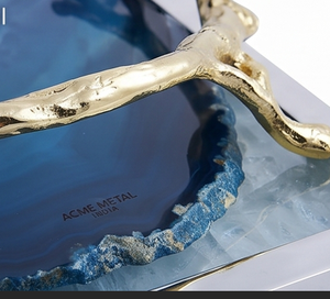 Plateau de service en résine bleue de qualité supérieure avec poignées dorées, finition métallique polie, motif marbré, pour une table élégante et un cadeau haut de gamme - Product Image 2
