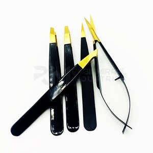 RMI Stainless Steel Gold Plasma Tip And Black Shin Powder Coated Color 4 Different Point Eyebrow Tweezer And Spring Scissor Set - Product Image 3