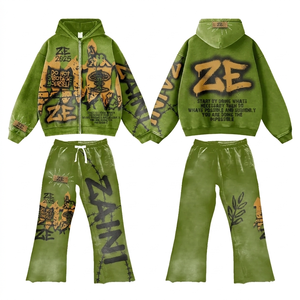 Survêtement à capuche en molleton de coton et polyester premium 380 GSM, vert olive, imprimé graffiti, impression DTG, personnalisable pour homme - Product Image 1