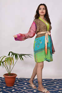 Women's <b>Boho</b> Beach Woven Silk <b>Long</b> Sleeve Wrap <b>Dress</b> Summer Party Wear Handmade Floral Print Short <b>Dress</b> - Product Image 4