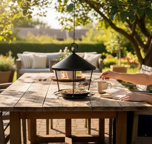 Mangeoire à oiseaux suspendue en fer avec toit conique et oiseau décoratif pour jardin, utilisation extérieure, station de nourrissage artisanale pour oiseaux - Product Image 3