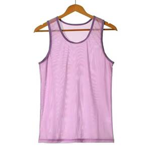 Camiseta sin mangas unisex de punto con cuello redondo y ribete en contraste, top corto transpirable informal para verano - Product Image 1