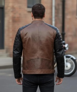 Chaqueta de Motociclista Estilo Café Racer para Hombre, de Cuero Genuino Marrón y Negro, Diseño Vintage Desgastado - Product Image 2